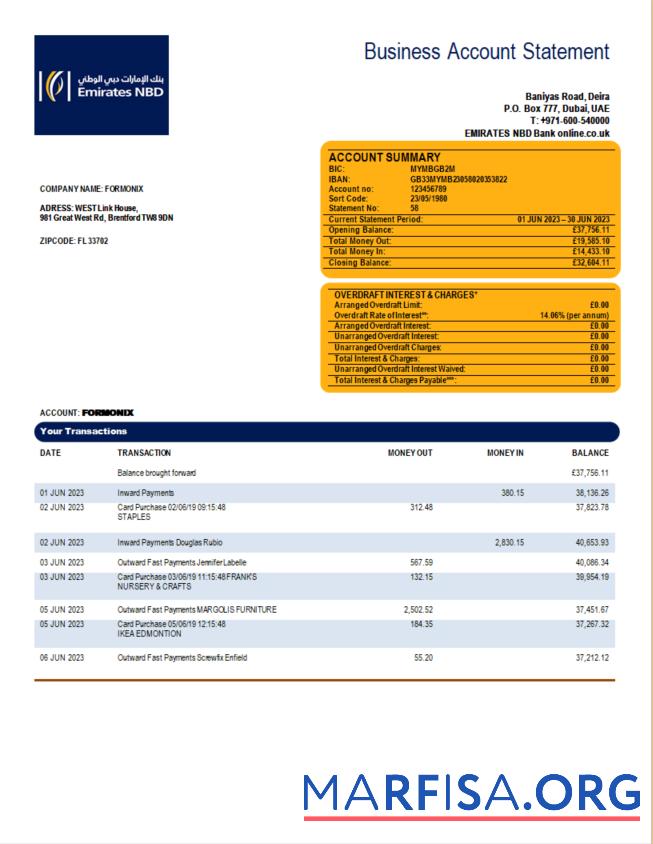 Printable Emirates NBD Bank organization statement Word and PDF template